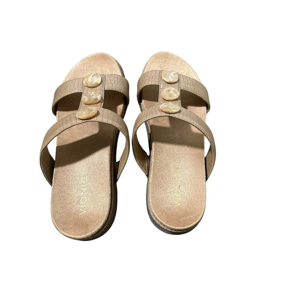 Vionic Women's Serra‎ Slide Sandal Size 9 WIDE Tan T-Strap Slip-on Supportive